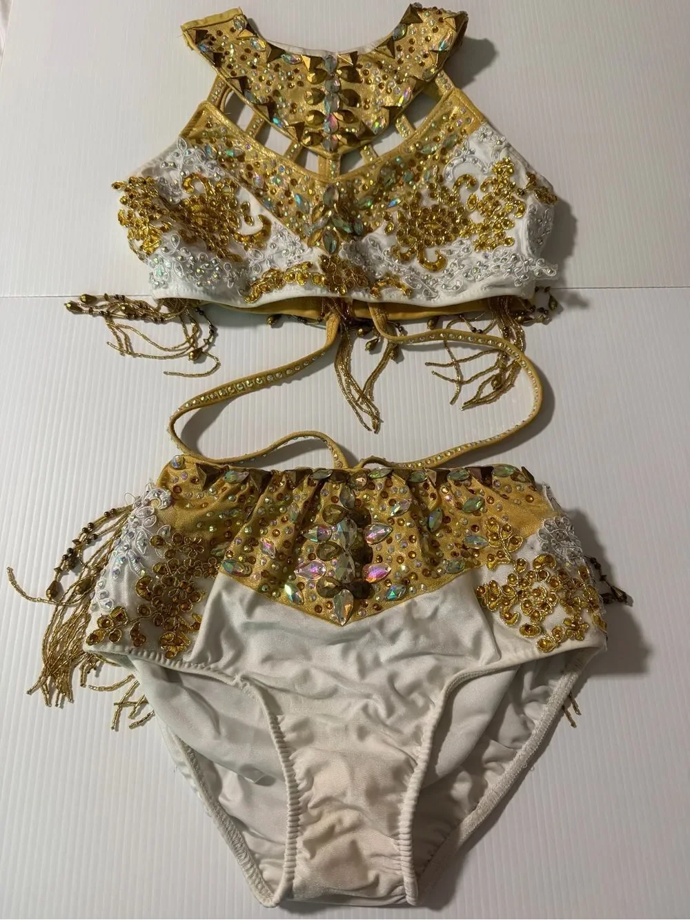 Glamour solo dance costume 2 piece style white gold greek goddess MA-Medium